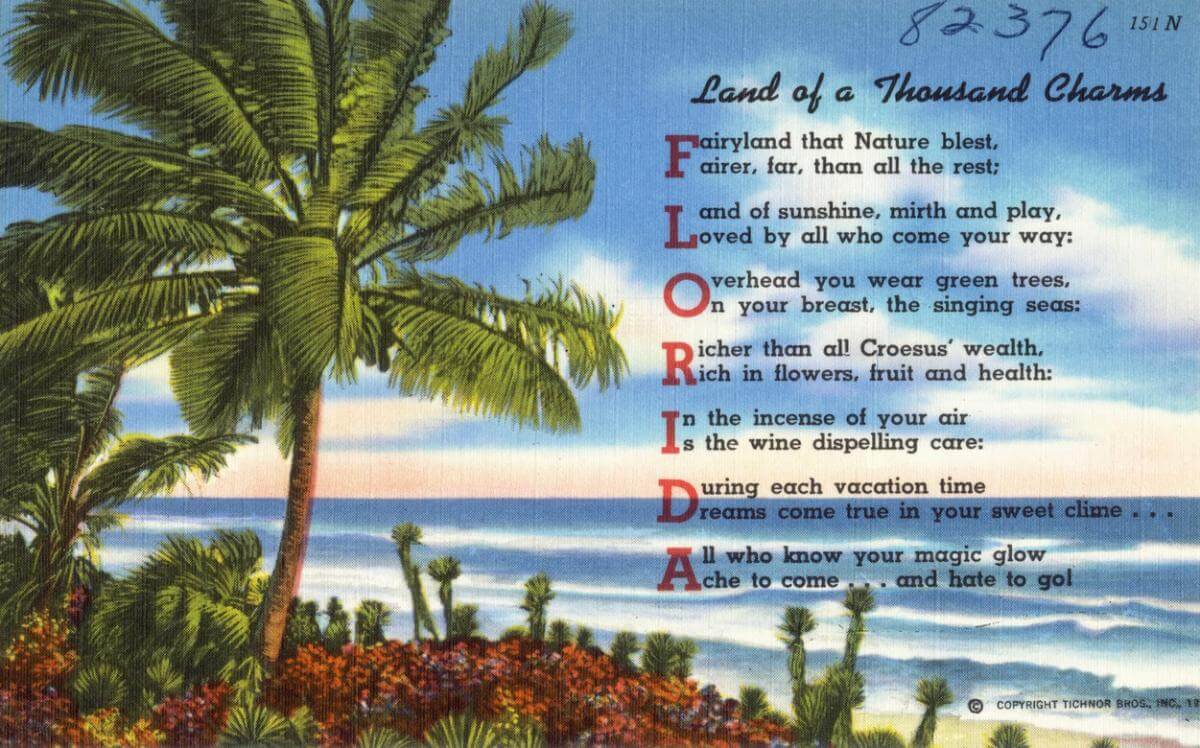 "Land of a Thousand Charms," Florida, 1953. Postcard published by the Tichnor Brothers. Courtesy of the Boston Public Library.
