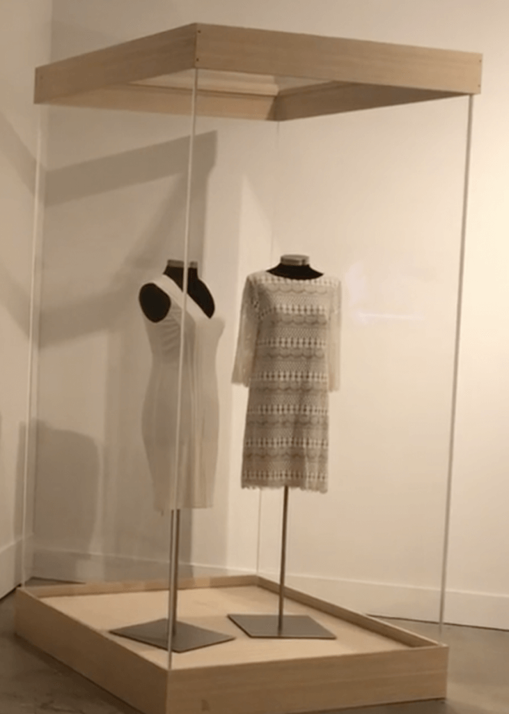 Wedding dresses worn by Catherina Pareto and Karla Arguello featured in the Queer Miami exhibition, Florida, March 2019. The Miami-based women were the first same-sex couple to legally marry in Florida in 2015. Photograph by HistoryMiami Museum. Courtesy of HistoryMiami Museum Collection.