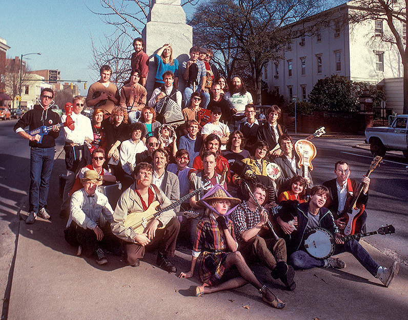 Local musicians gather in downtown Athens, Georgia, 1982