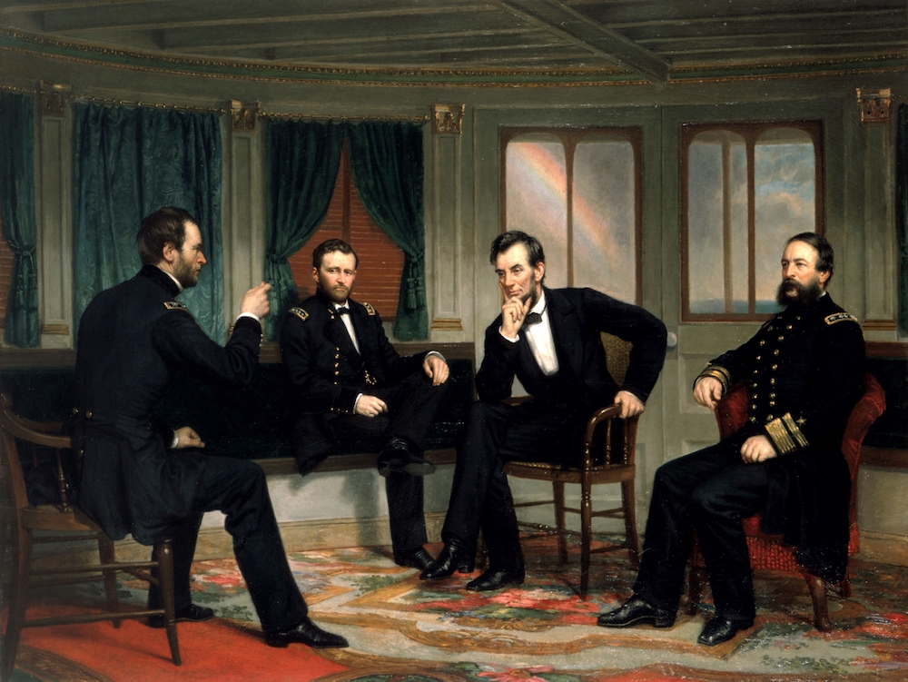 The Peacemakers, 1868. Painting by George P. A. Healy. President Abraham Lincoln discusses military strategy for the Civil War's final stages with General William T. Sherman, General Ulysses S. Grant, and Admiral David Dixon Porter (left to right) on board the River Queen docked at City Point, Virginia, on March 28, 1865.
