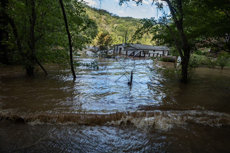 Ronnie Meadows house on Anderson Branch, flooded by French Broad River during Hurricane Helene.